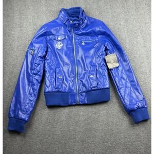 Dereon Women's NWT Blue Faux Leather Bomber Jacket Full Zip Medium Y2K